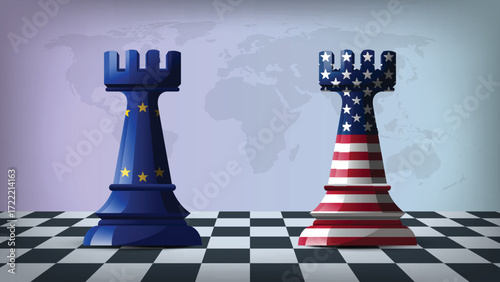 Two Standing Rooks Representing EU vs USA with Flags on Bodies and World Map in Background