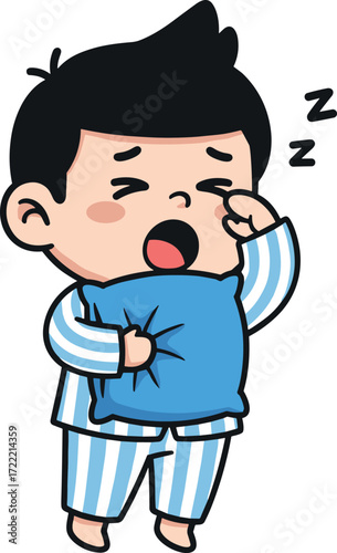 Sleepy child in striped pajamas holding pillow, yawning with tired expression, bedtime cartoon illustration for kids sleep routine concept