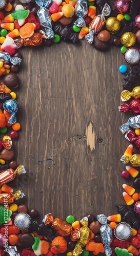 Vertical candy border with whitespace on wooden surface, Halloween treats background