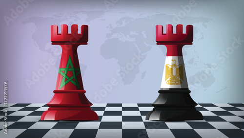 Two Standing Rooks Representing Morocco vs Egypt with Flags on Bodies and World Map in Background
