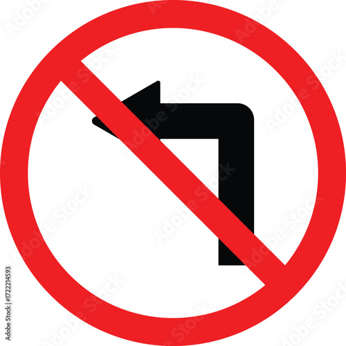 No left turn prohibition road sign with red circle for driving restriction.