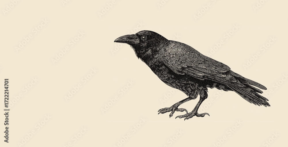 Fototapeta premium Detailed illustration of a perched black crow with textured feathers drawn by hand