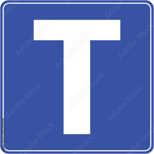 Dead end T-junction road sign in blue square symbol for driver navigation.