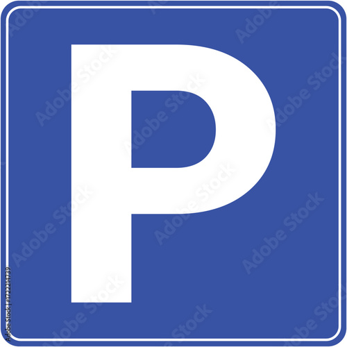 Parking area traffic sign symbol in blue square for vehicle stop and rest.