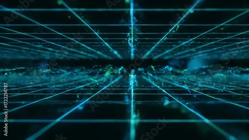 Digital landscape generating with glowing particles and grid