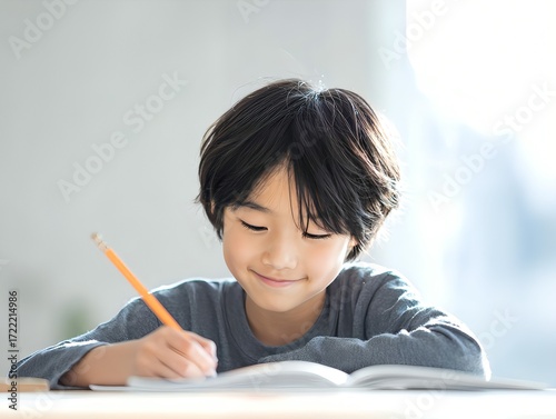 ノートに夢中で書き込む男の子の学習シーン｜Smiling boy studying with pencil, learning in bright natural light