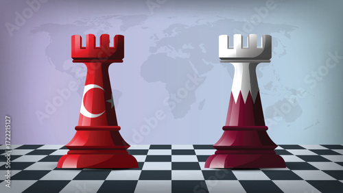 Two Standing Rooks Representing Turkey vs Qatar with Flags on Bodies and World Map in Background