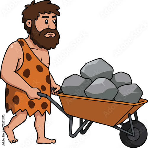 Caveman pushing wheelbarrow full of rocks prehistoric human labor vector illustration 