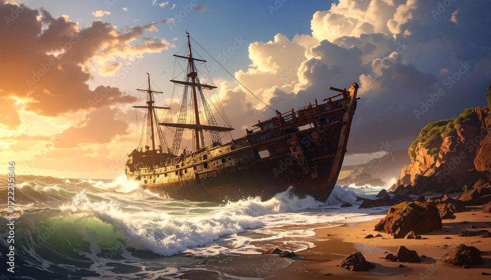 Obraz premium Dramatic sunset over a wrecked ship on a beach