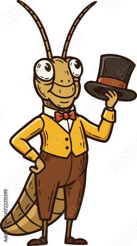 Cartoon grasshopper character wearing vintage suit and holding top hat vector illustration 