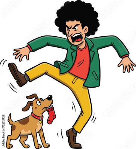 Man reacting angrily to dog biting sock in playful conflict illustration vector 