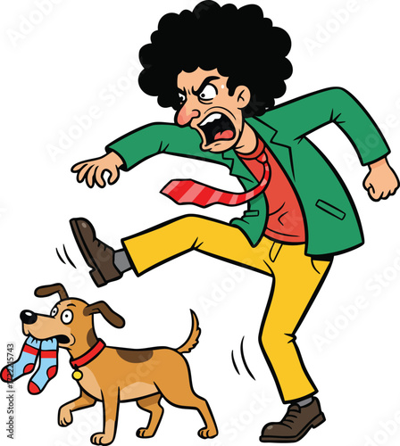 Man angrily kicking dog holding socks in mouth cartoon vector illustration with expressive emotions and dynamic action 