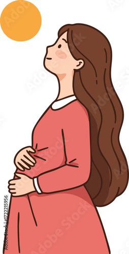 Pregnant woman in red dress looking at orange sun with long brown hair vector illustration 