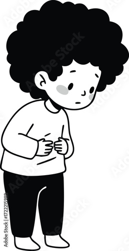 Child bending forward with stomach ache black and white vector illustration of boy in casual clothes 