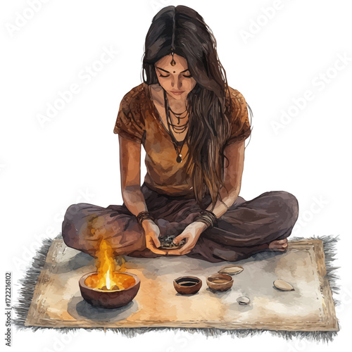 Indian Colorful Ritual, watercolor illustration vector, isolated on a white background.