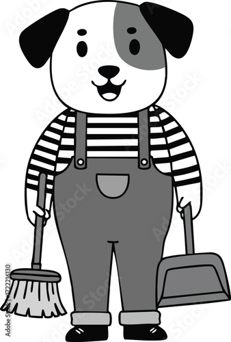 Cartoon dog character wearing striped shirt and overalls holding broom and dustpan cleaning tools vector illustration 