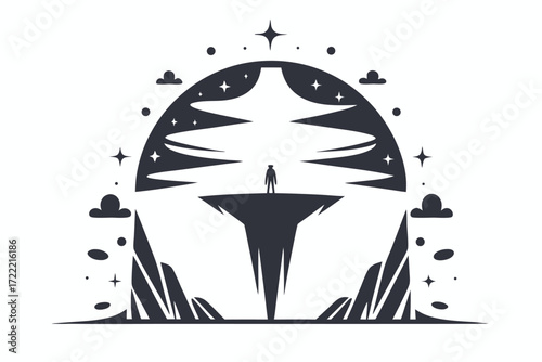 Minimalist Landscape of Man on Mountain Peak under Starry Sky on White
