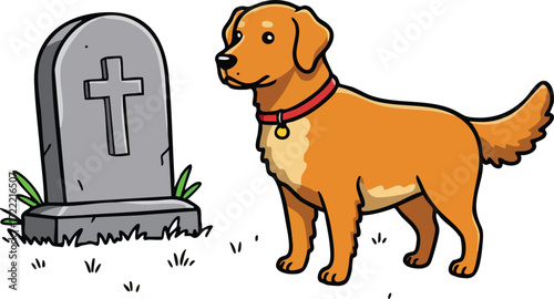 Golden retriever dog standing near gravestone with cross in peaceful cemetery scene vector illustration 