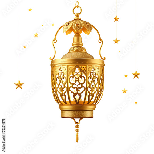 ornate golden ramadan lantern with hanging stars