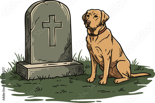 Dog Sitting Near Gravestone with Cross Symbol in Cemetery Scene with Grass and Sad Mood 