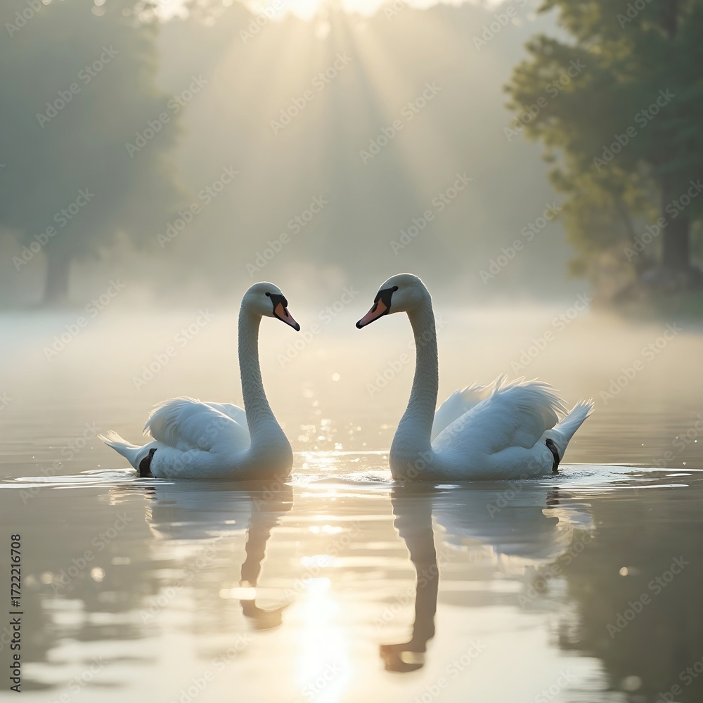 Fototapeta premium A pair of swans on a misty lake.