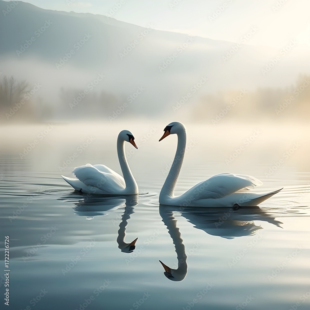 Fototapeta premium A pair of swans on a misty lake.
