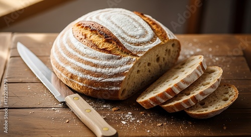 Sourdough Bread Loaf with Sliced Pieces and Knife Keywords: bread, sourdough, loaf, sliced