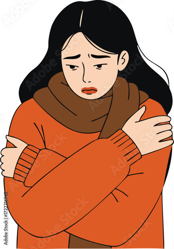 Young woman feeling cold and uncomfortable wearing orange sweater and brown scarf vector illustration 
