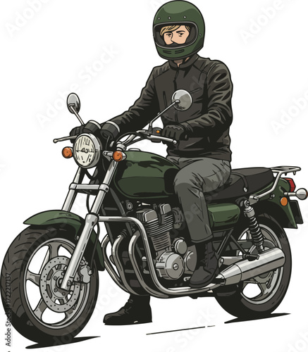 Motorcycle rider in green helmet and black jacket driving vintage green motorcycle vector illustration 
