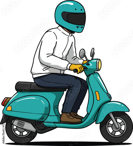 Man Riding Blue Scooter Wearing Helmet and Casual Clothes Vector Illustration 