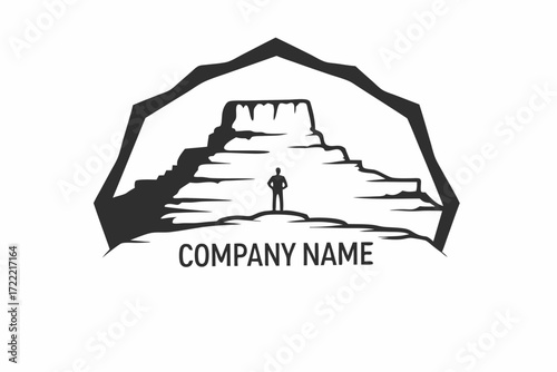 Monochromatic Mountain Range with Standing Figure on White Background