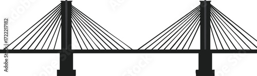 Suspension bridge vector illustration with cable stays and pillars in simple black and white design 