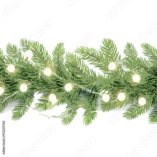 Christmas Garland Vector — Festive Evergreen Pine Branch Border with Glowing String Lights