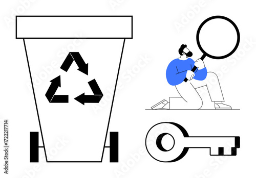 Recycling bin with arrows, man with magnifying glass searching, and key. Ideal for sustainability, research, solutions, discovery, investigation success innovation. Minimalist flat metaphor
