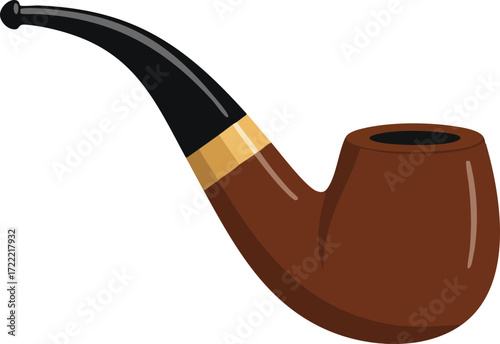 Classic wooden tobacco smoking pipe with black curved stem and golden band vector illustration