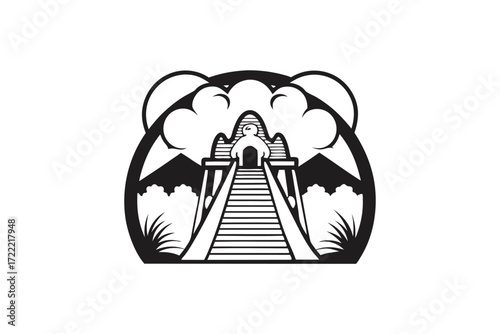Monochrome Mayan Temple with Stairway Silhouette on White Background