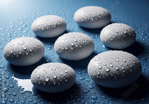 Smooth white stones glistening with water droplets on a vibrant blue surface
