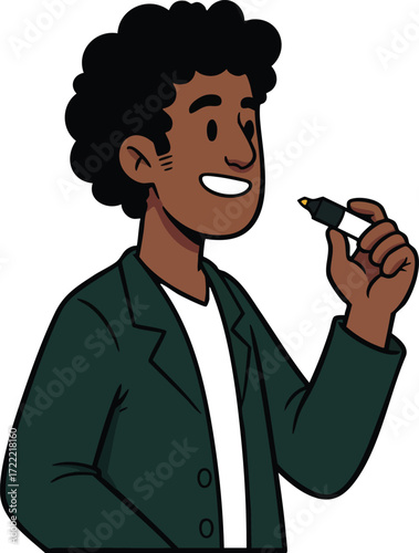 Young man holding marker pen smiling and ready to write or draw in casual jacket vector illustration 