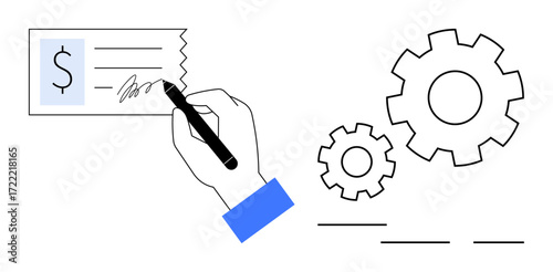 Hand signing a financial document with gears symbolizing process automation, coordination, and business flow. Ideal for finance, strategy, management, productivity, automation, planning simple flat