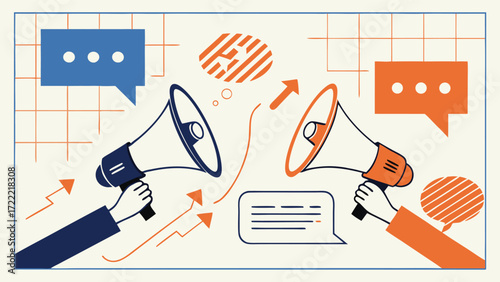 Communication concept with megaphones and speech bubbles conversation announcement