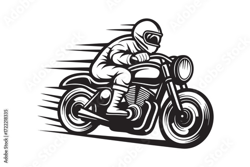 Monochrome of a Motorcyclist with Helmet on Bike with Speed Effect