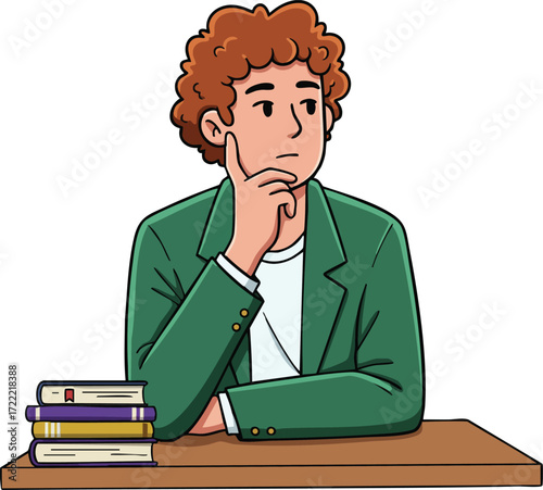 Young man sitting at desk thinking with stack of books wearing green jacket vector illustration 