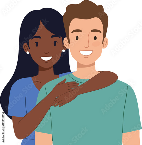 Couple hugging with smiling expressions showing affection and closeness in a friendly relationship vector illustration 