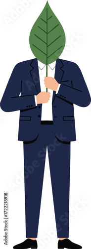 Businessman with green leaf instead of head representing eco friendly corporate concept vector illustration 