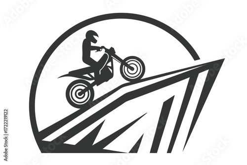 Motocross rider silhouette on peak, helmet, motorcycle, sport, vector, white background