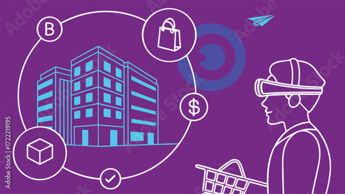 Metaverse shopping journey diagram with vr headset and buildings vector