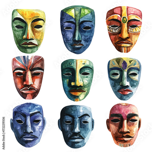 Hungarian Wool Masks, watercolor clipart vector, isolated on a white background.