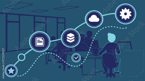 Saa S onboarding journey map with icons and silhouetted office scene SaaS cloud