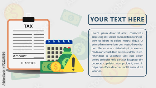 Tax Bill Due Reminder, Tax Alert, with Calendar Due Date. Flat Simple Infographics Design Template. Presentation Graph. Vector Illustration for Business, Financial, Management.