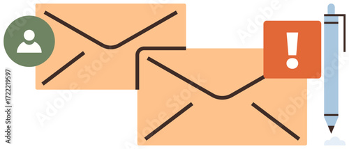 Two envelopes, alert icon, user profile badge, and a pen symbolize messaging, notifications, correspondence, email management, teamwork, business communication simple flat metaphor